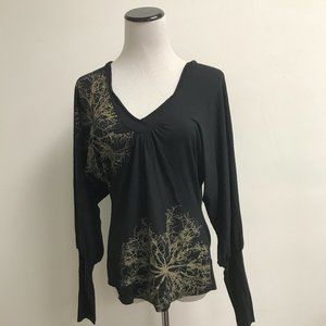 Tom K Nguyen black gold graphic v neck jersey knit top M